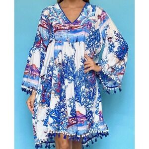 NEW Antica Sartoria Giacomo Cinque Positano Coral Print Sequin Tassel Dress L/XL